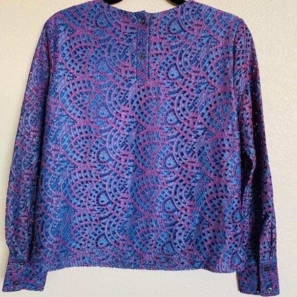 Banana Republic blue top women eyelet lace long sleeve blouse Size S business - Picture 2 of 11